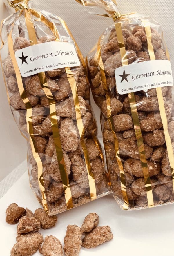 German Almonds in a clear bag with gold foil on the edges